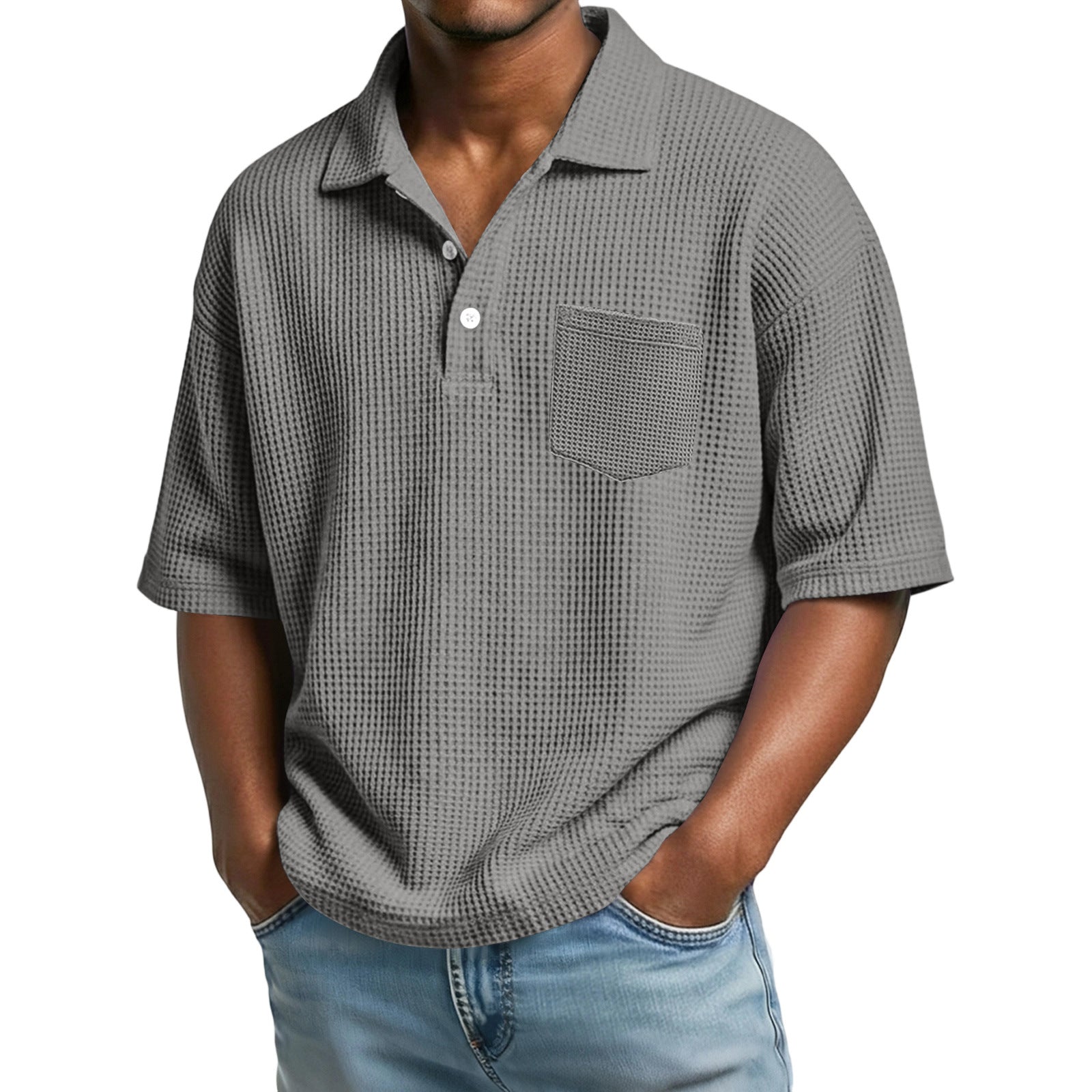 a794cf15-f757-4902-9adf-f8afde834ae1.jpg Men's Waffle-Weave Solid Color Short-Sleeve Lapel Polo Shirt Men's Attire Apparel / Clothing - Image 3
