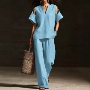 Womens Solid-Colored V-Neck Straight-Leg Pants Short-Sleeve Set With Ripped Details Garments Apparel / Clothing
