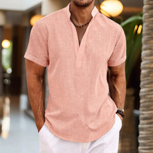 Stand Collar Men's Half Cardigan Cotton And Linen Short Sleeve Shirt Men's Attire Apparel / Clothing