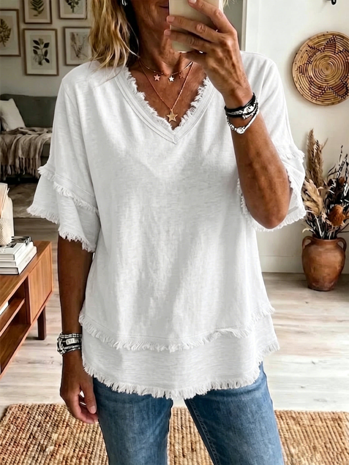 ad002124-bc25-434d-b595-2b3c6e16cd21.jpg Casual Women's Shirt V-Neck Short Sleeve Loose Fit Pure Color Summer Fashion Trend Pullover Tops For Daily Wear Beachwear & Casual Wear Collection Womens Clothing - Image 15