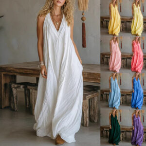 Casual Sleeveless Loose Fit Vest V-neck Long Dress With Front Pockets - Women's Summer Holiday Flowy Sleeveless Long Dresses For Daily Wear Garments Apparel / Clothing