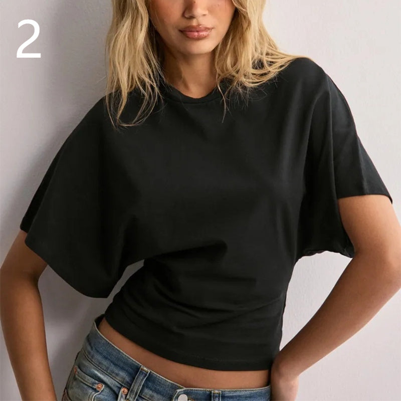 b05fa50e-d79f-4919-99bb-9e4e0e2b9594_fine.jpg Summer Batwing Sleeve T-shirt Ins Fashion Round Neck Pullover Short-sleeved Tops For Women Clothing Beachwear & Casual Wear Collection Womens Clothing - Image 7