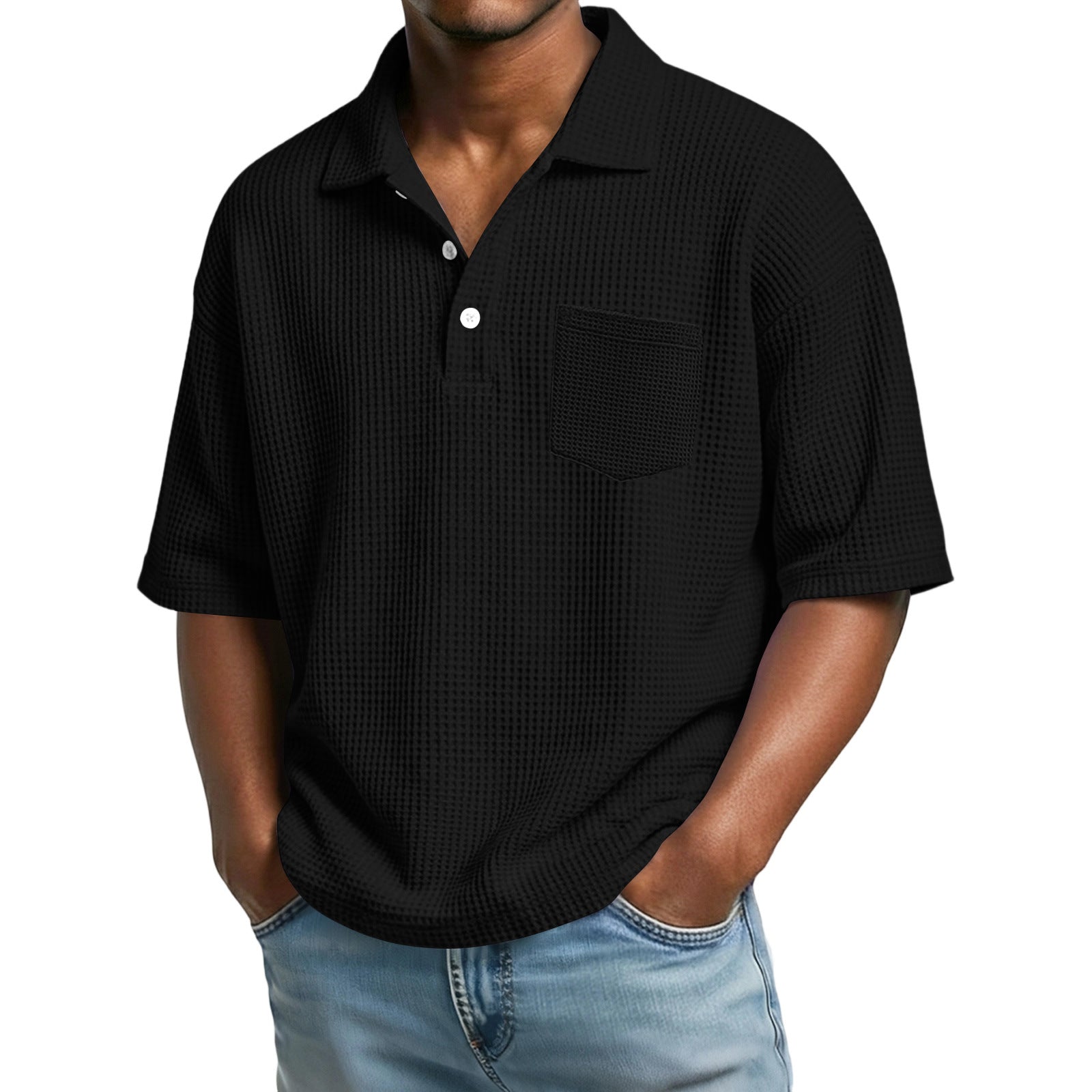 b4d58b6c-8536-4ec2-833e-fa6d291c1352.jpg Men's Waffle-Weave Solid Color Short-Sleeve Lapel Polo Shirt Men's Attire Apparel / Clothing - Image 6