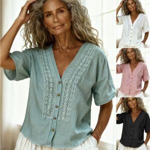 Loose-fit Faux Linen Embroidered Button-up Top Beachwear & Casual Wear Collection Womens Clothing