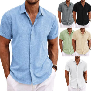 Men's Solid Color Loose Linen Short-sleeved T-shirt Men's Attire Apparel / Clothing
