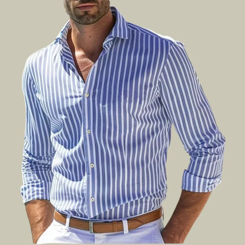 b8df60c0-2ea0-4bf5-bd66-ff8d3a5e102b.jpg Ins Stripe Printed Long Sleeve Shirt Men Fashion Casual Lapel Button Top Clothing Men's Attire Apparel / Clothing - Image 12