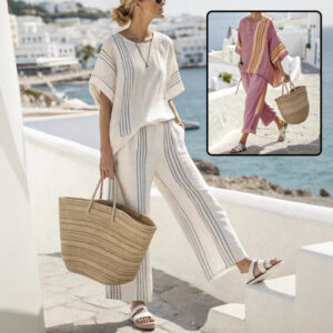 Summer Striped Suits Loose Batwing Sleeve T-shirt And Solid Straight-leg Pants Garments Apparel / Clothing