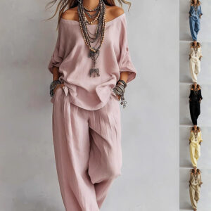 Off-shouder Suits Fashion Three-quarter Sleeves Top And Loose Pockets Wide-Leg Pants Set Women's Garments Apparel / Clothing