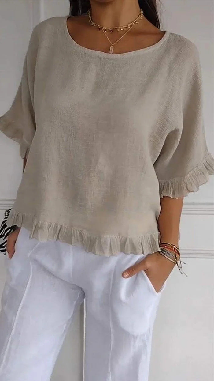 bf129523-1cd5-4056-9788-1537d1b2406c.jpg Pure Color Ruffles T-shirt Female Casual Short-sleeved Top Beachwear & Casual Wear Collection Womens Clothing - Image 10