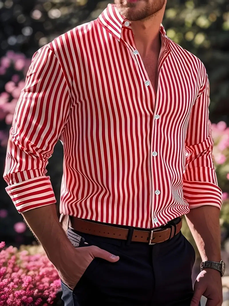 c1159860-38ba-442c-8046-8134e58268de.jpg Ins Stripe Printed Long Sleeve Shirt Men Fashion Casual Lapel Button Top Clothing Men's Attire Apparel / Clothing - Image 10