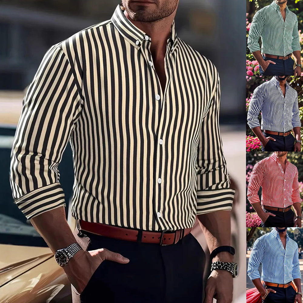 c1317c4b-8f6d-4648-97b8-c3373bf00195.jpg Ins Stripe Printed Long Sleeve Shirt Men Fashion Casual Lapel Button Top Clothing Men's Attire Apparel / Clothing
