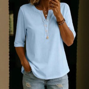 Women's Solid-Colored Cotton Button-Down Half-Sleeve Shirt Beachwear & Casual Wear Collection Womens Clothing