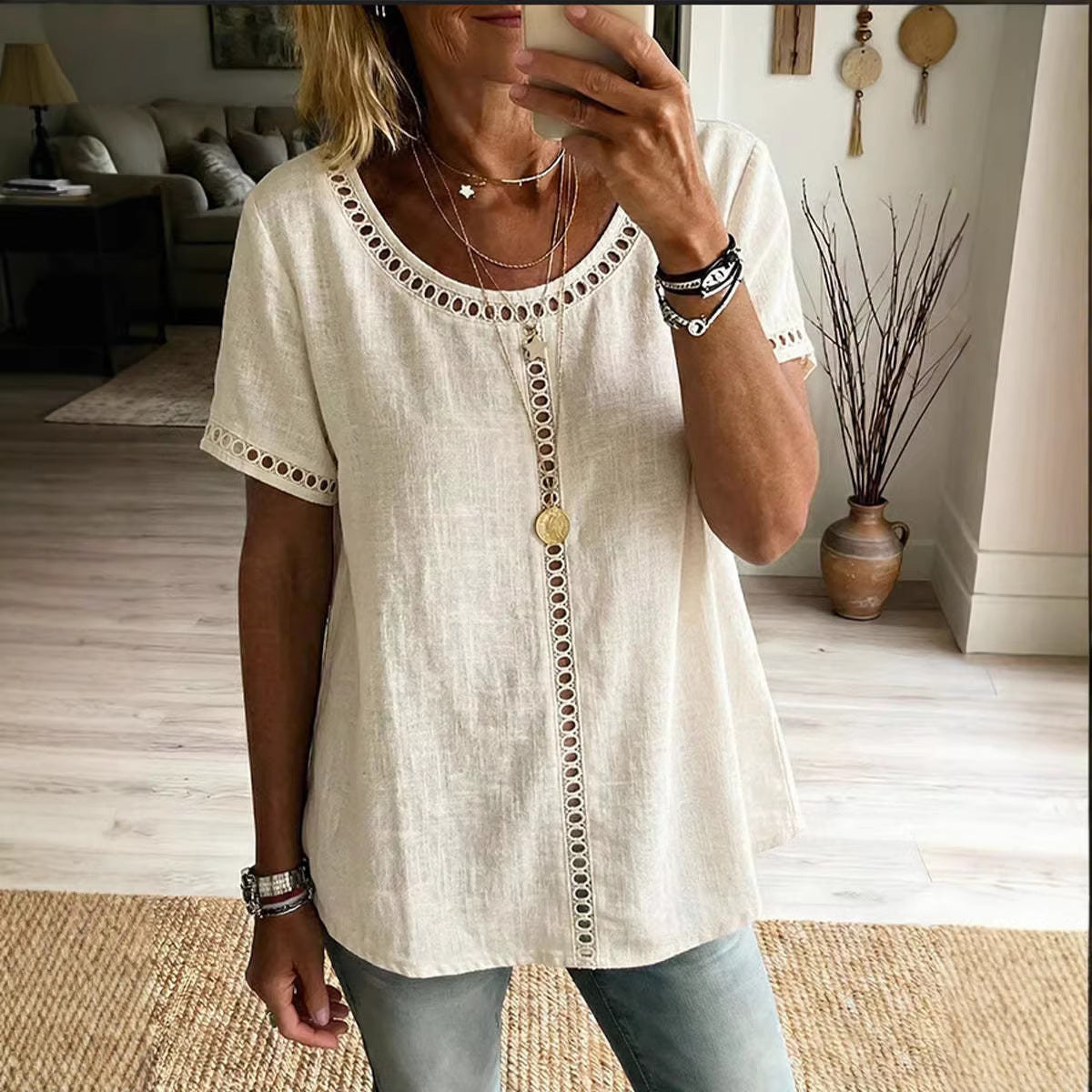 c1aaf66b-75b6-46a6-9d50-0d14d8228f9a.jpg Women's Spring Summer Comfortable Casual Patchwork Hollowed-Out Trim Top T-Shirt Beachwear & Casual Wear Collection Womens Clothing