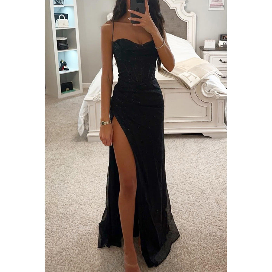 c2a1ddae-5906-4aae-904a-ae2b318e6fdb.jpg Sexy Split Suspender Dress Fashion Evening Party Slim V-neck Long Dresses Summer Clothing For Women Garments Apparel / Clothing - Image 3