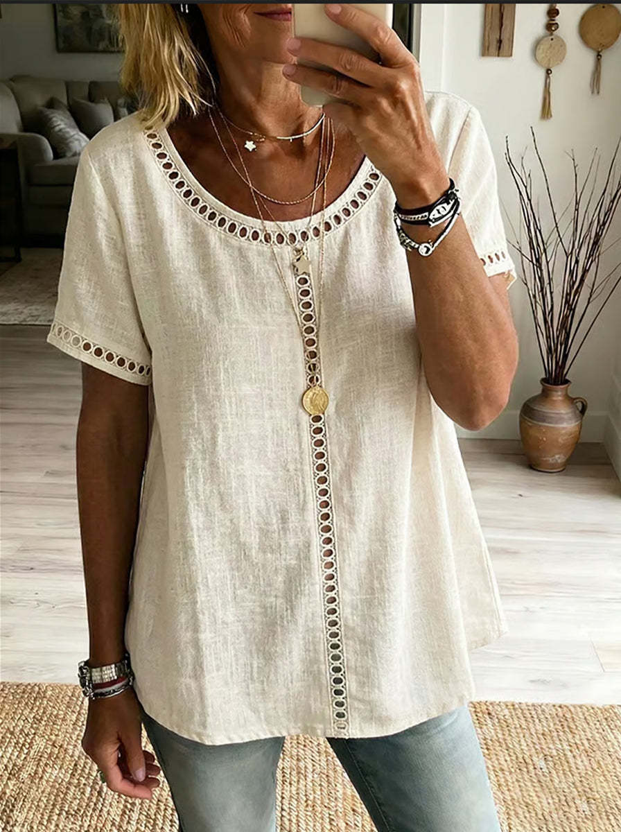 c3c34c24-43f5-4513-978c-8ecabfcb481d.jpg Women's Spring Summer Comfortable Casual Patchwork Hollowed-Out Trim Top T-Shirt Beachwear & Casual Wear Collection Womens Clothing - Image 9