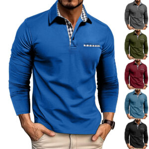 Casual Plaid Splicing Lapel Polo Shirt Fashion Solid Color Long Sleeve Top Men's Clothing Men's Attire Apparel / Clothing