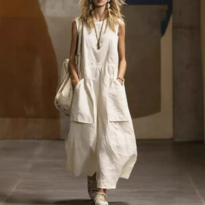 Womens Loose-Fitting Sleeveless Cotton-Linen Dress With Pockets Garments Apparel / Clothing