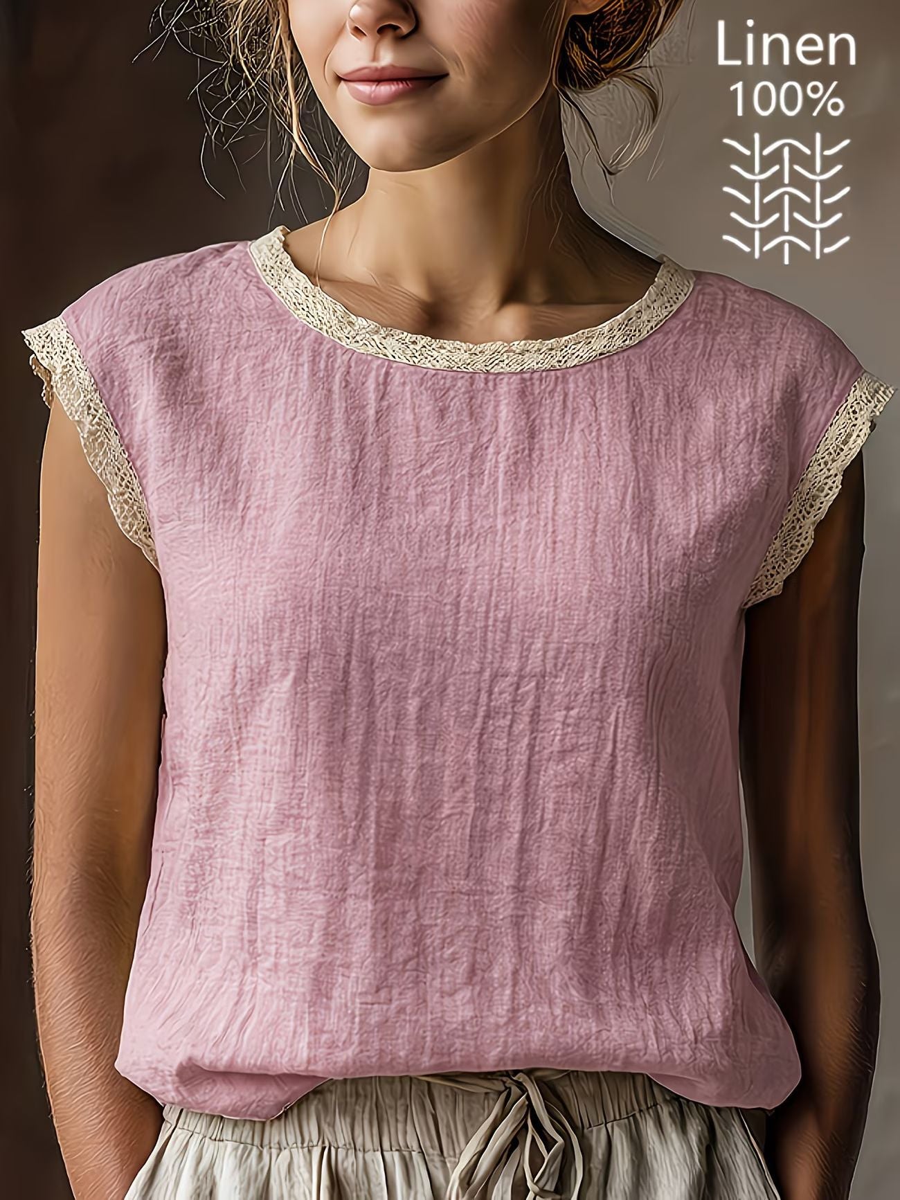 cc05e8b9-b2b5-49d8-af6e-90cfa8c93b2a.jpg Loose Solid-Color Crew-Neck Lace Sleeveless Cotton-Linen Shirt Beachwear & Casual Wear Collection Womens Clothing - Image 8