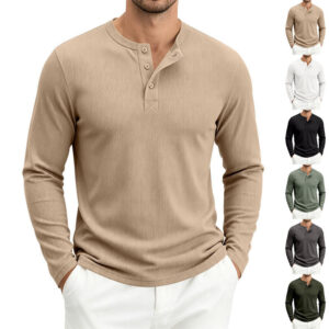 Mens Long-Sleeve Loose-Fit Casual Ribbed T-Shirt Men's Attire Apparel / Clothing
