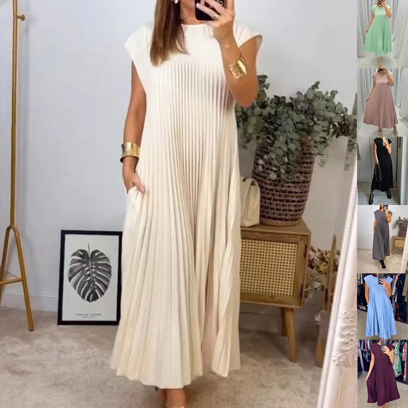 ce7588d4-b6dd-44a6-973f-b6e1029533cd.jpg Short Sleeve Pleated Long Dress Summer Round Neck Dress Women's Clothing Garments Apparel / Clothing