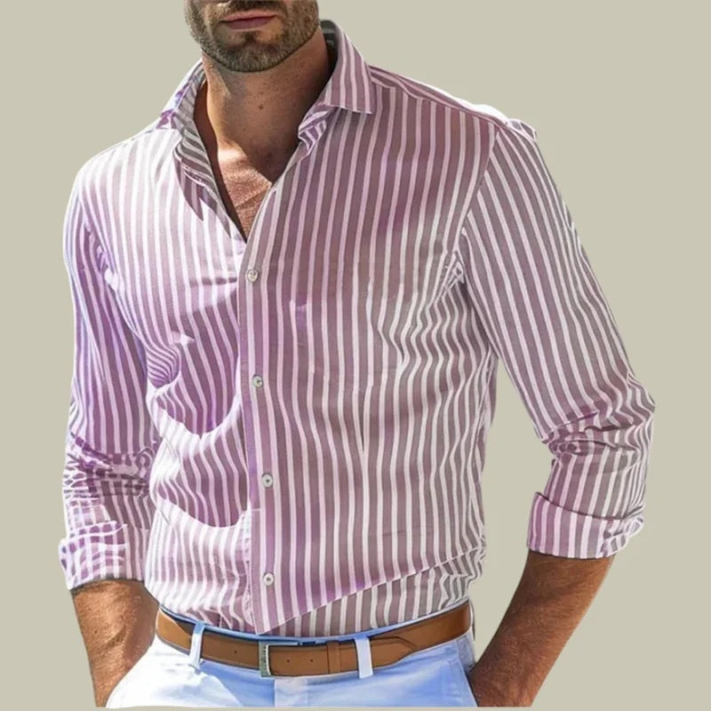 d03f3be1-83ee-427f-b250-db7badcaec67.jpg Ins Stripe Printed Long Sleeve Shirt Men Fashion Casual Lapel Button Top Clothing Men's Attire Apparel / Clothing - Image 11