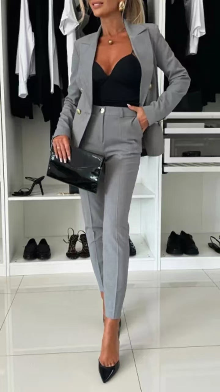 d25f296b-835b-4979-ab3a-6ea45b3d460f.jpg New All-matching Casual Suit Lapel Button-down Jacket And Slim-fit Trousers For Women's Office Business Set Garments Apparel / Clothing - Image 14