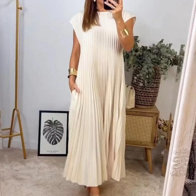 d2a545e0-3c4c-4125-bb95-e48c0f0ec1e5.jpg Short Sleeve Pleated Long Dress Summer Round Neck Dress Women's Clothing Garments Apparel / Clothing - Image 9