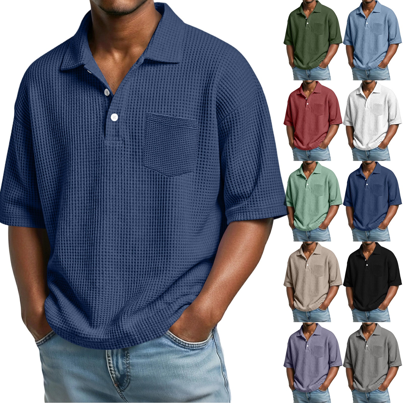 d3aefdd5-a316-47cd-8467-0e27bb42996f.jpg Men's Waffle-Weave Solid Color Short-Sleeve Lapel Polo Shirt Men's Attire Apparel / Clothing