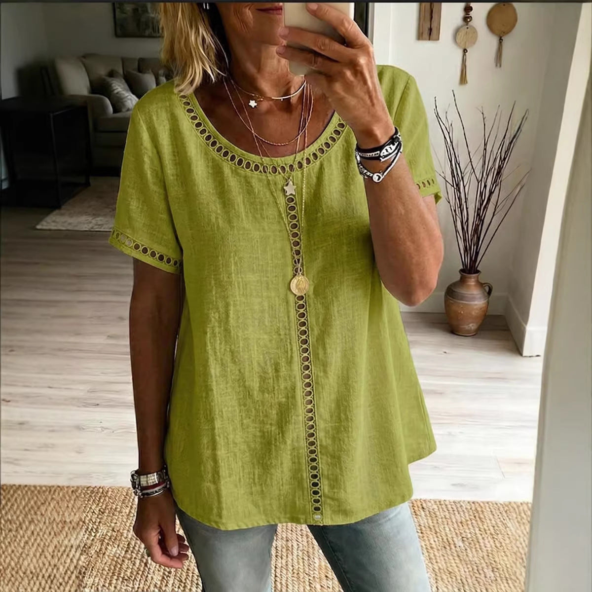 d7143859-6294-4cb1-a8d0-41305e2dadb5.jpg Women's Spring Summer Comfortable Casual Patchwork Hollowed-Out Trim Top T-Shirt Beachwear & Casual Wear Collection Womens Clothing - Image 8