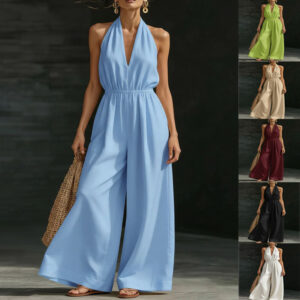 V-neck Halter Neck Jumpsuit For Women Garments Apparel / Clothing