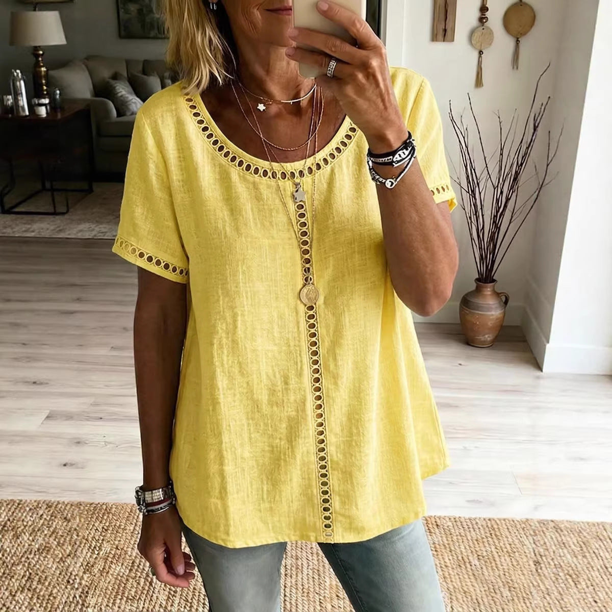 da85e47a-f331-4b3e-866f-478c42eb6faf.jpg Women's Spring Summer Comfortable Casual Patchwork Hollowed-Out Trim Top T-Shirt Beachwear & Casual Wear Collection Womens Clothing - Image 10