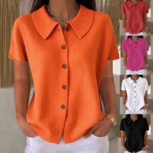 Turn-Down Collar Waffle Weave Solid Color Casual Loose Fit Short Sleeve Shirt - Women's Cotton Blend Lightweight Summer Top For Daily Wear Beachwear & Casual Wear Collection Womens Clothing
