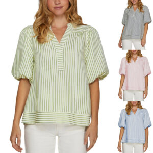 V-neck Panelled Striped Top With Puff Sleeves Beachwear & Casual Wear Collection Womens Clothing