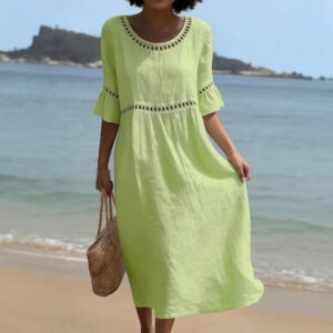 Elegant Casual Crew-Neck Three-Quarter-Sleeve Solid-Color Dress Garments Apparel / Clothing