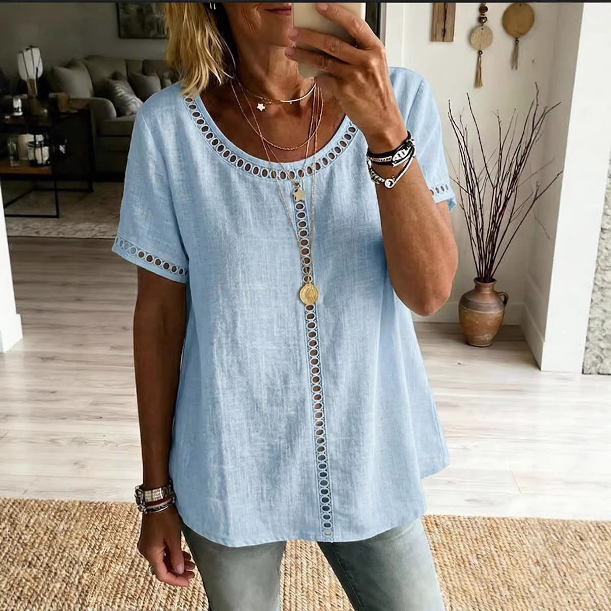 e3c41fa1-9801-49fd-8d54-c734f5f34a46.jpg Women's Spring Summer Comfortable Casual Patchwork Hollowed-Out Trim Top T-Shirt Beachwear & Casual Wear Collection Womens Clothing - Image 6
