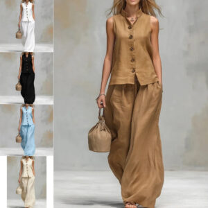Casual Two-Piece Stand Collar Sleeveless Vest And Matching Pants Set - Summer Women Vest & Pan Two Piece Outfit Garments Apparel / Clothing