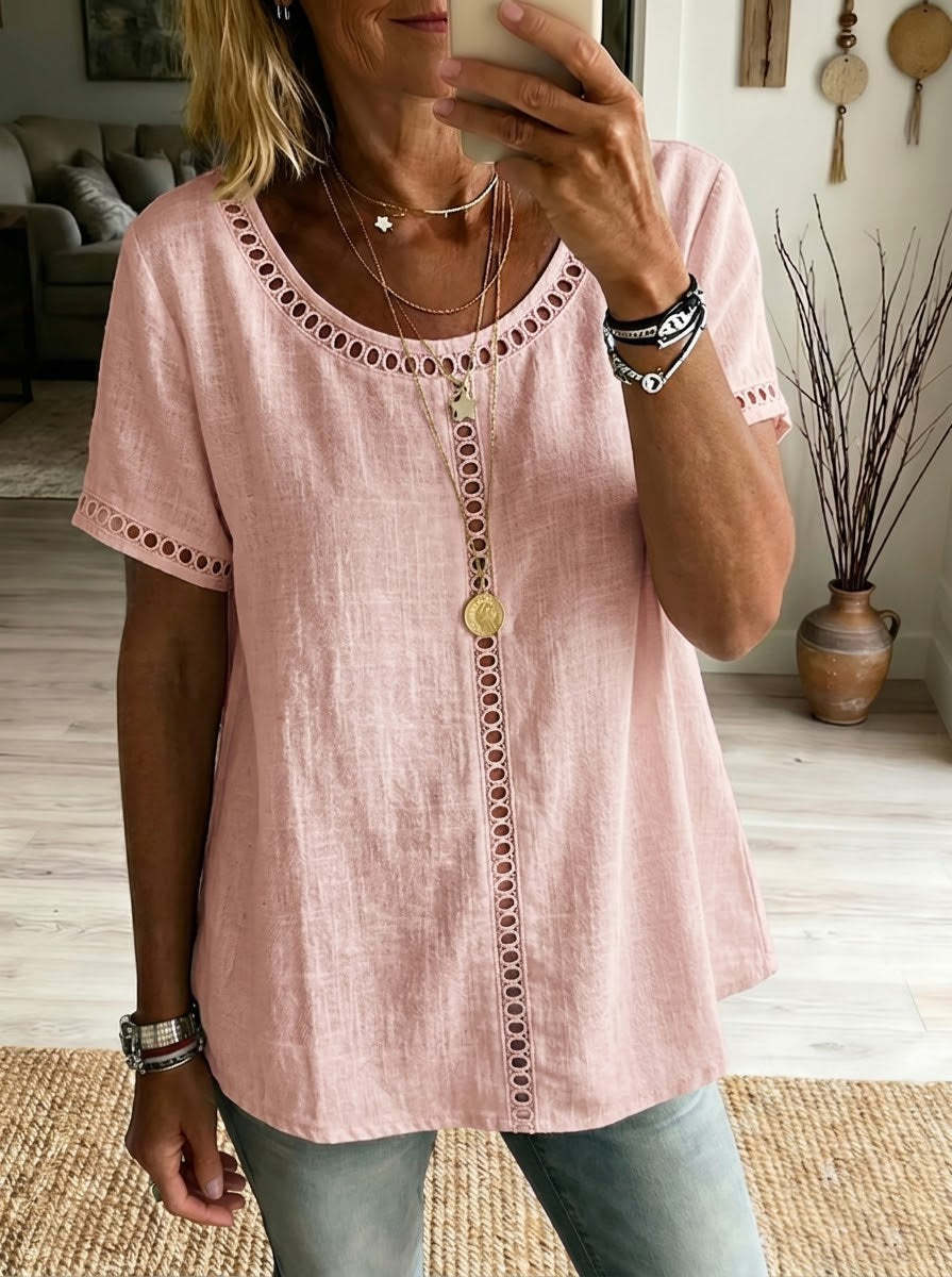 e6f1c483-f35b-4306-ae37-a7e1a3c8b4c1.jpg Women's Spring Summer Comfortable Casual Patchwork Hollowed-Out Trim Top T-Shirt Beachwear & Casual Wear Collection Womens Clothing - Image 7