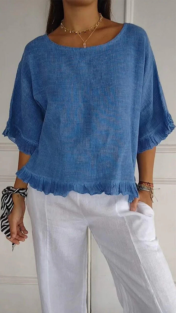 e6f8f15a-a16b-4440-a204-afd500f469e6.jpg Pure Color Ruffles T-shirt Female Casual Short-sleeved Top Beachwear & Casual Wear Collection Womens Clothing - Image 11