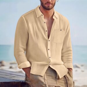 Mens Linen Loose-fit Solid-color Lapel Cardigan Shirt Men's Attire Apparel / Clothing