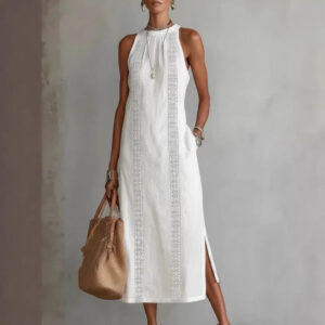 Neck-Strap Holiday Solid-Colored Lace-Patchwork Sleeveless Dress Garments Apparel / Clothing