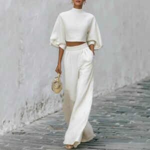 Womens Short Top And High-Waisted Casual Pants Two-Piece Set Garments Apparel / Clothing