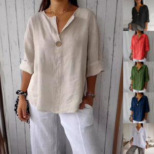V-neck Long-sleeved T-shirt Fashion Loose Cotton And Linen Button Tops For Women Beachwear & Casual Wear Collection Womens Clothing