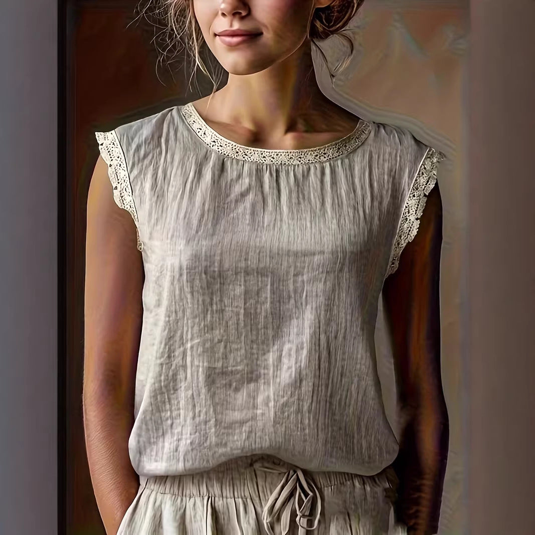 ed4882d7-dacf-45dc-8cc8-e2c8175cdb4c.jpg Loose Solid-Color Crew-Neck Lace Sleeveless Cotton-Linen Shirt Beachwear & Casual Wear Collection Womens Clothing - Image 7