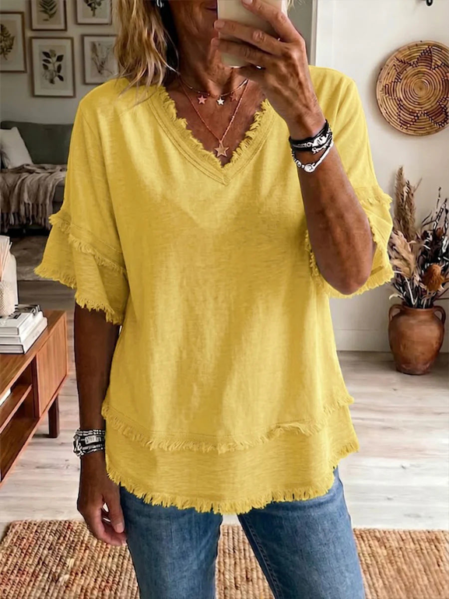 eef1ddf7-4586-4af0-8703-846a4f21ce29.jpg Casual Women's Shirt V-Neck Short Sleeve Loose Fit Pure Color Summer Fashion Trend Pullover Tops For Daily Wear Beachwear & Casual Wear Collection Womens Clothing - Image 16