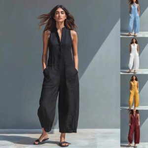 Summer Sleeveless Jumpsuit With Pockets Fashion Casual V-Neck Buttons Trousers Women's Overall Pants Garments Apparel / Clothing