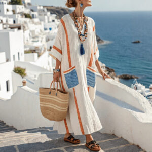 Printed V-neck Three-quarter-length Sleeve Kaftan Dress With A Long Patch Pocket Garments Apparel / Clothing