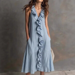 Solid-color Sleeveless Cotton-Linen V-Neck Maxi Dress With Ruffled Hem Garments Apparel / Clothing