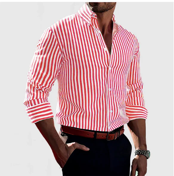 f7405940-77dd-41a3-a9b9-75c39ce0f80d.jpg Ins Stripe Printed Long Sleeve Shirt Men Fashion Casual Lapel Button Top Clothing Men's Attire Apparel / Clothing - Image 13