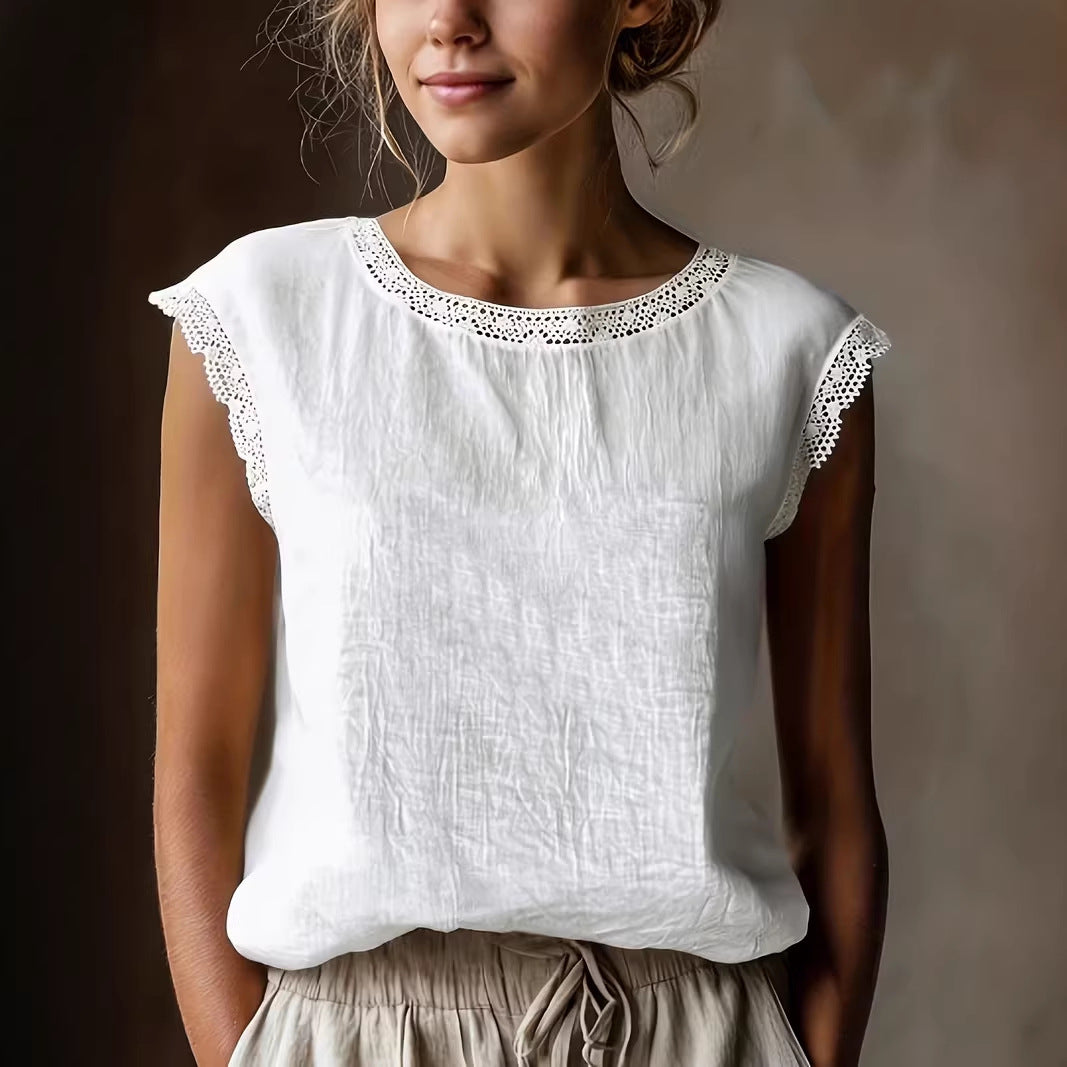 fa064c5b-1639-42ef-8a90-e3aa8c61373a.jpg Loose Solid-Color Crew-Neck Lace Sleeveless Cotton-Linen Shirt Beachwear & Casual Wear Collection Womens Clothing