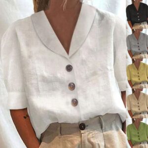 V-neck Shirt Casual Button Short-sleeved Blouse Solid Color Top Womens Clothing Beachwear & Casual Wear Collection